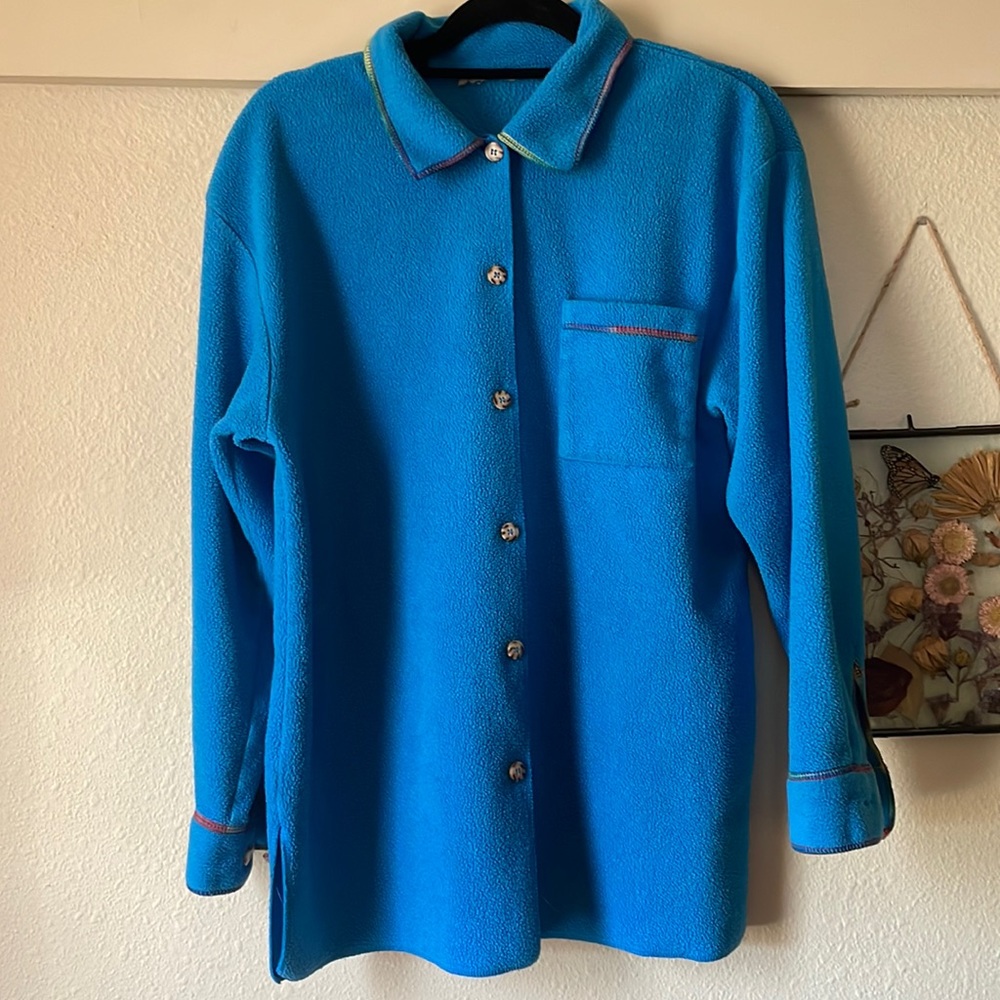 Vintage lightweight blue button down jacket with rainbow stitching detail